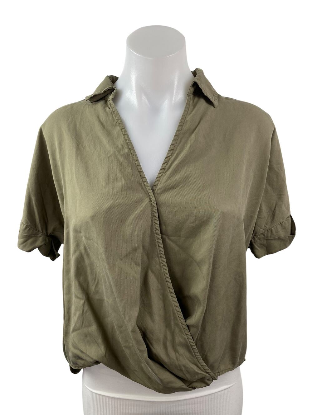 Lou & Grey for Loft Women's Green Collared Short Sleeve Wrap Front Blouse Top S